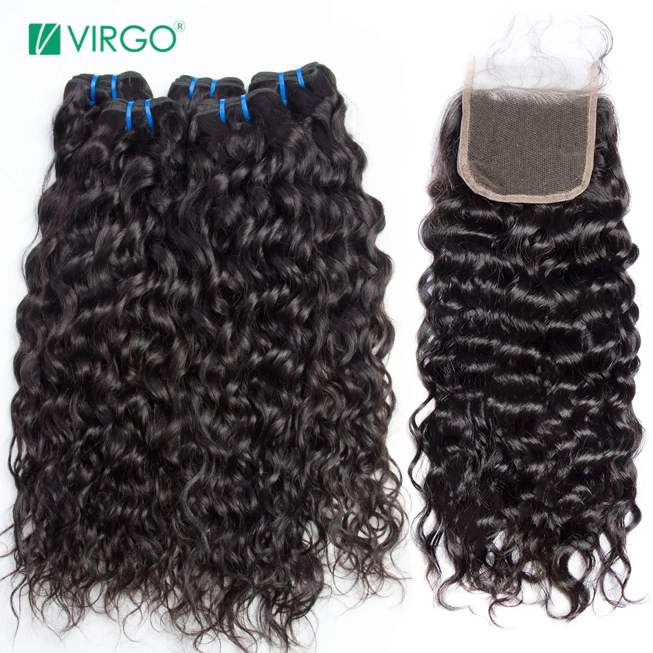 comprar 3 Pacotes Com Fechamento Onda de água Do Cabelo Humano Pacotes com Fecho de Parte Do Meio Virgem Malaio Cabelo Humano Não Remy Tecer