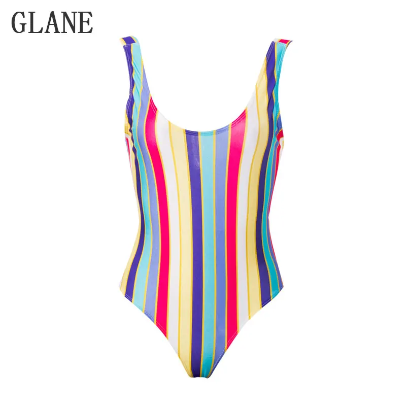 

2017 Sexy Rainbow Striped Women One Piece Swimsuit High Cut monokini Backless Bathing Suit Padded Strap Swimwear