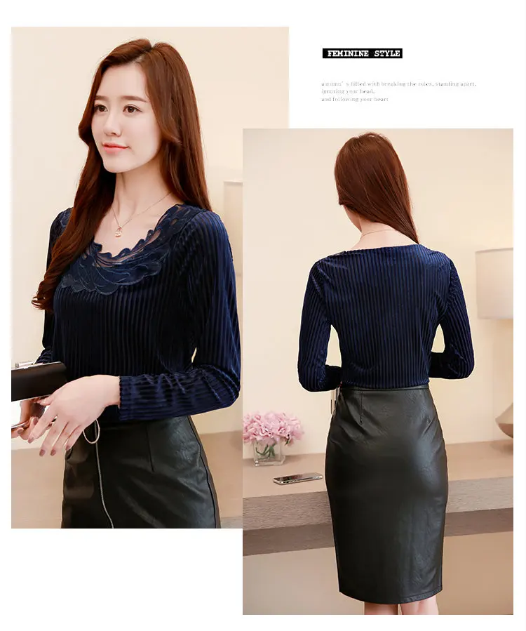 Winter Lace Patchwork Velour Blouse Women Plus Size Tops Ladies Casual Long Sleeve Femme Shirt Autumn Terciopelo Blusas Mujer (10)