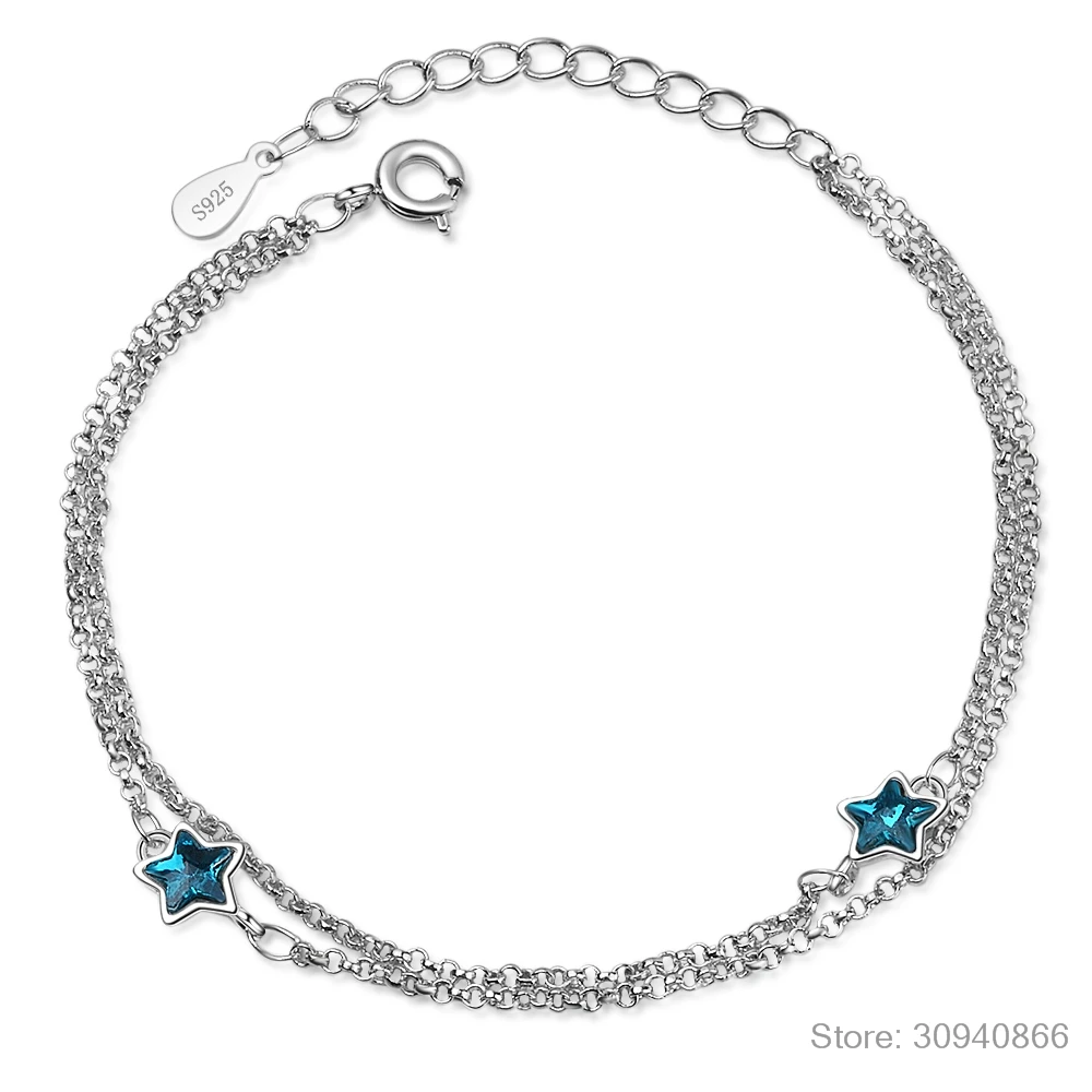 

Fashion Shiny Blue Crystal Star Double Layer Chain Link Bracelet For Women Gift 925 Sterling Silver Baraclet Pulseira bijoux