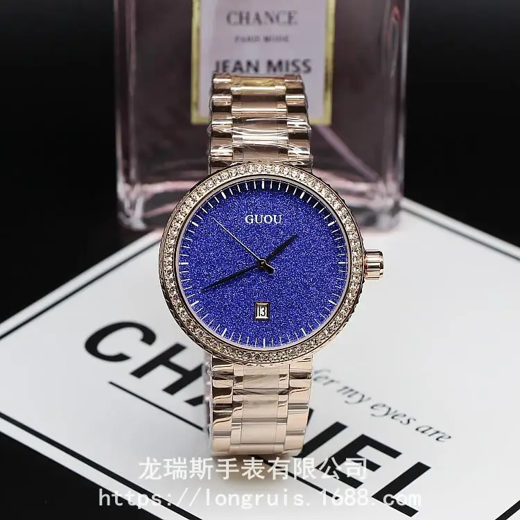 Модный Guou личный календарь дисплей циферблат звезда розовое золото ремешок для часов из нержавеющей стали дамы подарок платье часы - Цвет: Синий