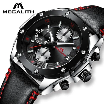 

MEGALITH Wholesale Price Sports Watches Mens Fashion Military Chronograph Waterproof Black Leather Quartz Wristswatches For Man
