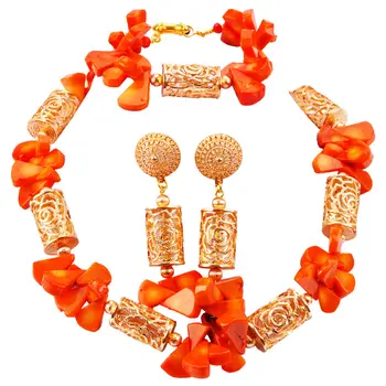 

Women Nigerian Wedding Orange Coral Necklace Sets African Beads Jewelry Set RCBS30