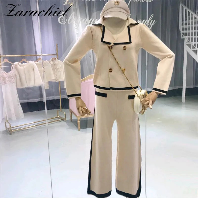 

2019 Spring British Style Double-breasted Knitted Cardigan Top + Ankle-length Wide Leg Pants Women 2pcs Casual Knit Sweater Sets