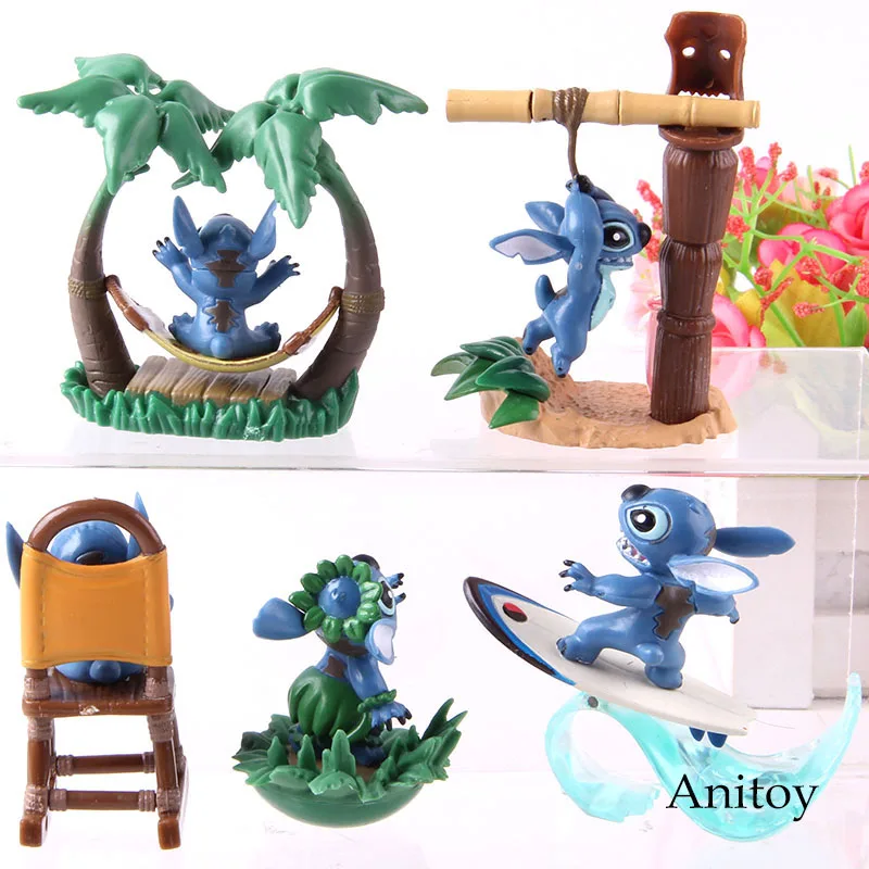 Cena Anime Lilo i Stitch figurka hawaje plaża do czytania Surfing pcv model kolekcjonerski zabawki Stitch prezent urodzinowy 5 sztuk zestaw