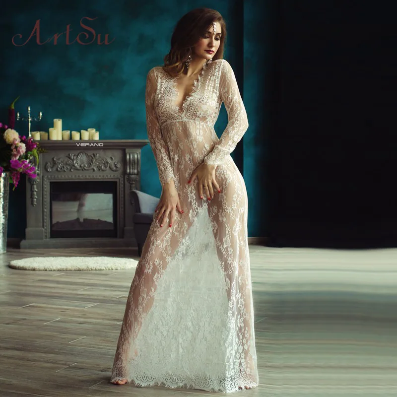 

Sexy Lace Maxi Dress Deep V-neck Long-Sleeve Elastic Waist Seethrough Mesh Lace Slim Long Dress