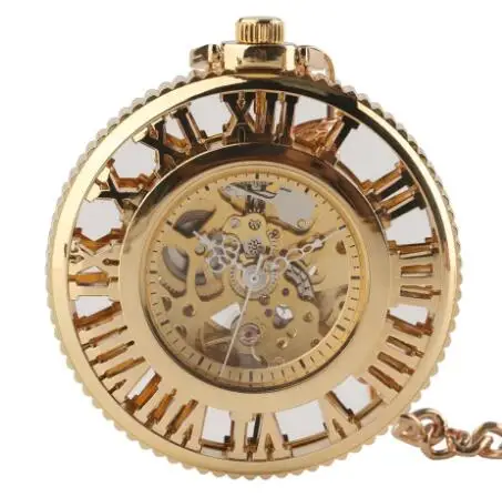 

DHL Shipping Hollowed Roman Dial Gold Mechanical Pocket Watch with Chain Men Women Pocket Watches Wholesale