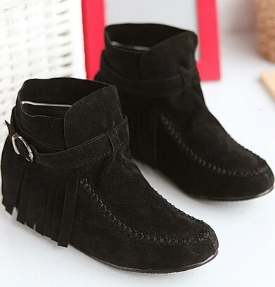 2015 New Free Shipping Fashion Women's Simple Designed Vogue All Match Metal Decorated Round Toe Fringe Suede Shoes Black | Обувь