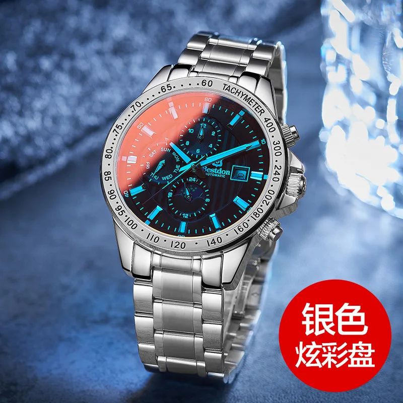 

Brand Business Multi-Function Men's Watch Machinery All Steel Boys Watches Luminous Calendar Moon Phase Week Small Three Needle