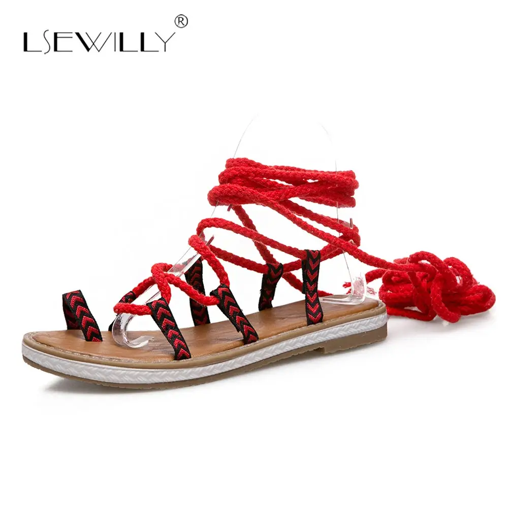 

Lsewilly Summer Sandals Women New High Boots Sandals Female Bohemian Cross Tied Summer Casual Flats Shoes Red Black Yellow S101