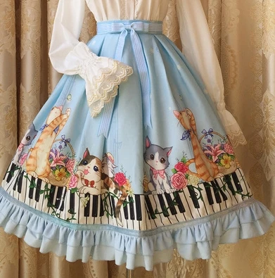 Принцесса сладкий Лолита парча сад печати юбка с кошкой, Милая юбка ZYJ078 - Цвет: Синий