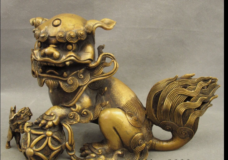 

JP S0606 12" Chinese Bronze FengShui Wealth Foo Fu Dog Lion PiXiu Ball Statue Animals Discount 35%