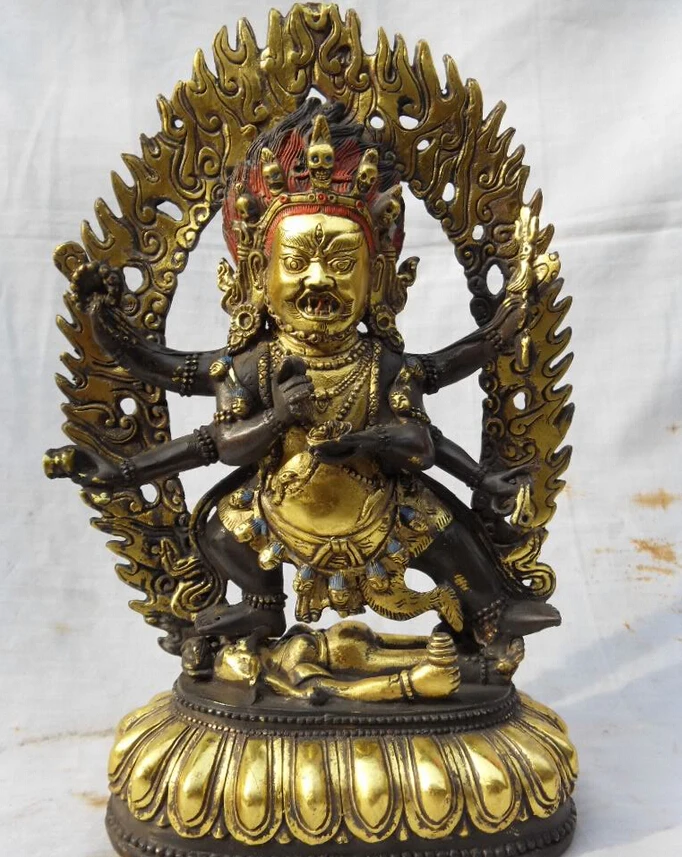 

150610 S1360 12" Tibet Tibetan Buddhism Bronze Gilt Gild 6 Arms White Mahakala buddha Statue