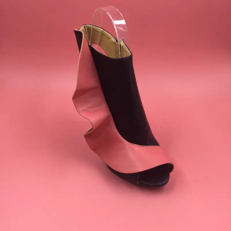 

Black And Pink Ruffle Women Boots Ankle High Peep Toe Side Zipper Ankle Boot Botas De Mujer Zapatos Mujer Plataforma 2017 New