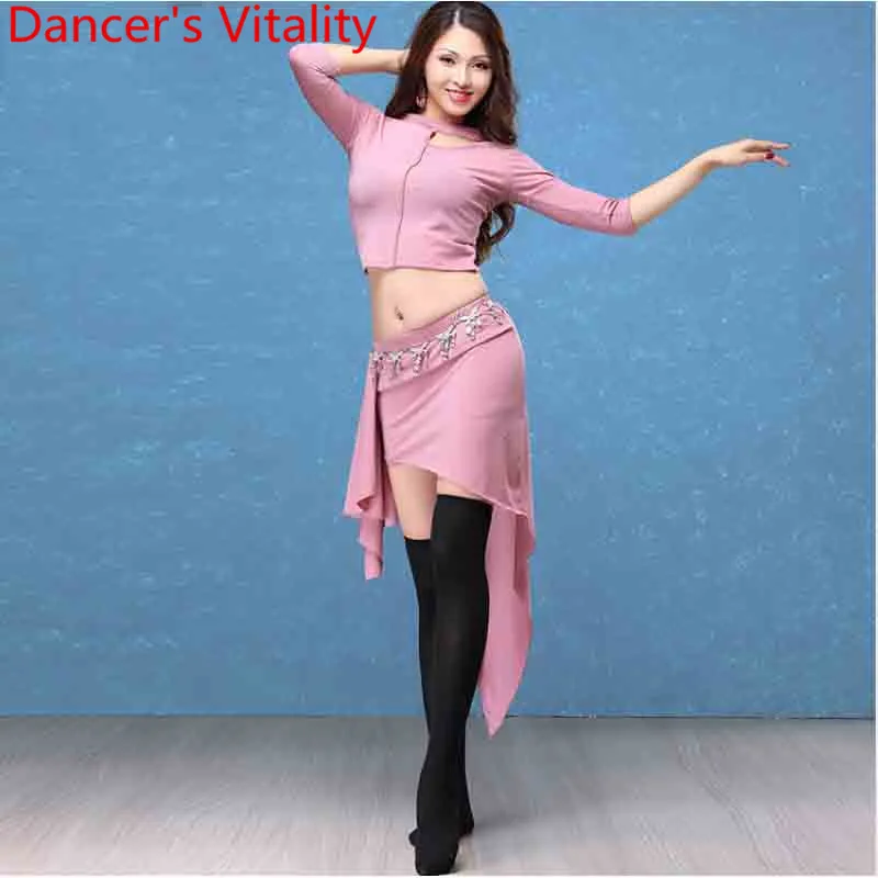 Новый модный костюм для танца живота, восточный индийский танцевальный топ, юбка с вырезами, 4 цвета, комплект для женщин и девушек, одежда