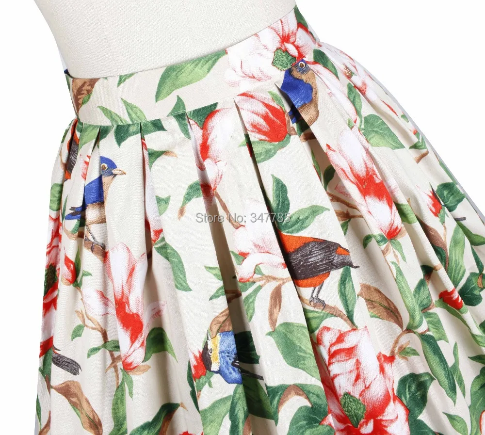 30-Женские винтажные 50 s камелии цветочные птицы узор плиссированная юбка с высокой талией в бежевый рокабилли Pinup Saia Большие размеры юбки
