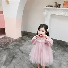 Г. Корейское весеннее Новое поступление, хлопковое однотонное кружевное платье принцессы с длинными рукавами для милых и милых маленьких девочек