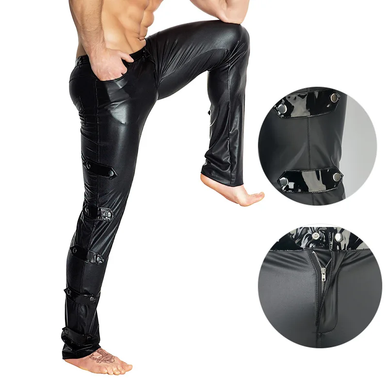 

Plus Size Fake Sashes Moto Biker PU Legging Mens Low Waist Sexy Pants Night Club Punk Stage Pant Button Pockets Bodycon Trousers
