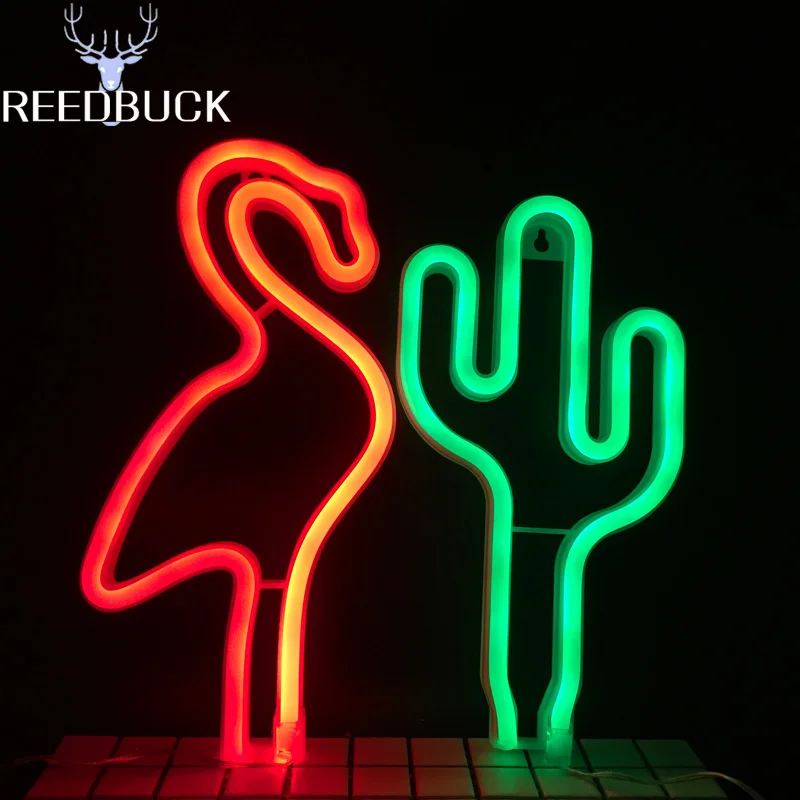 Hot Sale Led Neon Flamingo Light Cactus Holiday Night Lamp PVC Neon Sign USB  3AA Battery Led Lamp Christmas Birthday Gift desk table Green Red Wall Light  (14)