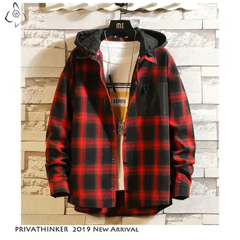 

Privathinker Patchwork Hooded Plaid Cotton Shirt Mens 2020 Autum Causal Pocket Coat Streetwear Japanese Long Sleeve Shirts Male