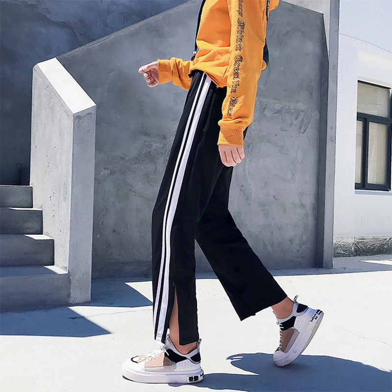 

Black Stripe Pants Ladies Leisure Simple Loose Korean Style Split Women's Pants High Waist All-match Ankle-Length Pants Harajuku