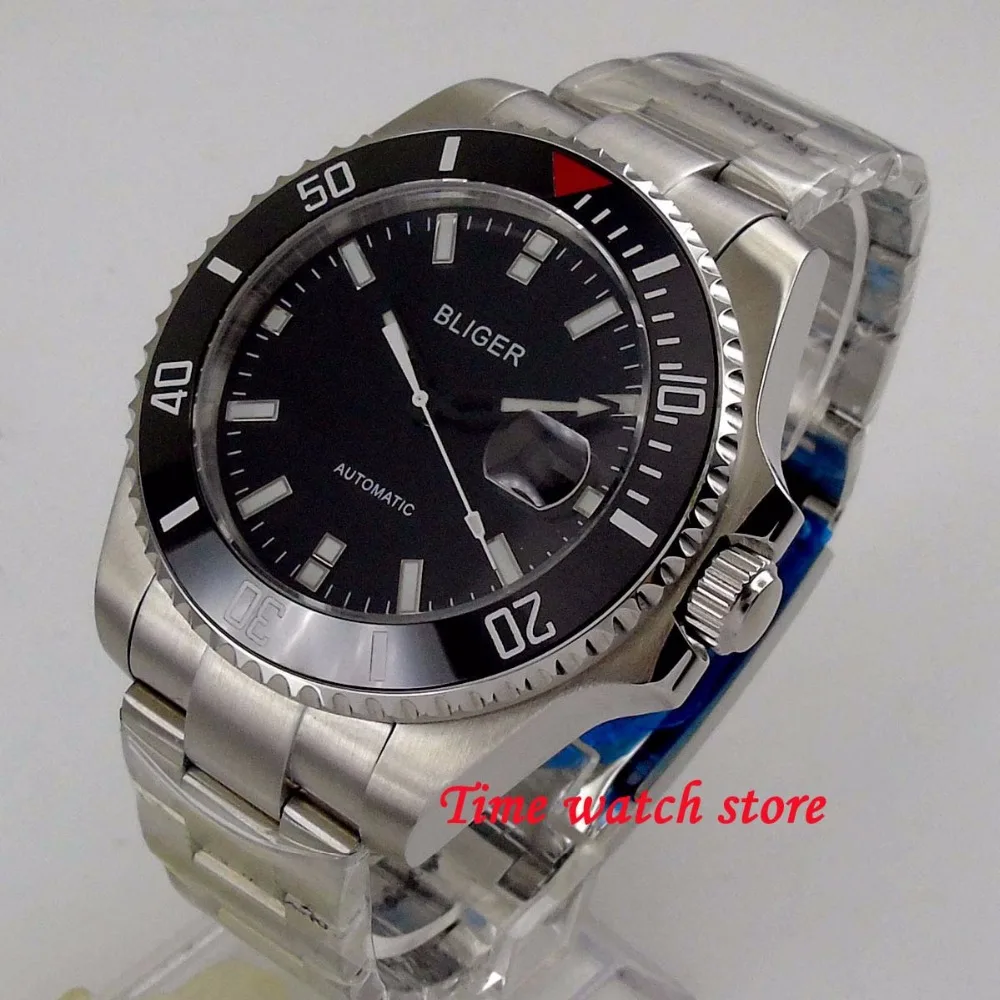 Luxury BLIGER 43mm men's watch black dial sapphire glass date magnifier 21 jewels Miyota 8215