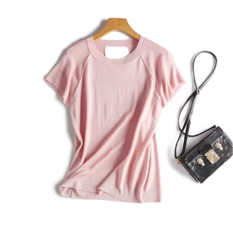 

silk polyester blend knit women summer fashion thin t-shirt oneck pullover tees short sleeve pink 6color one&over size