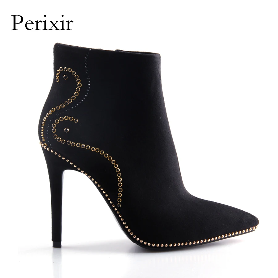

Perixir Autumn ankle boots with heels Faux Suede Thin heels Sexy Black beads boots Pointed Toe Zip ladies shoes Botas Mujer