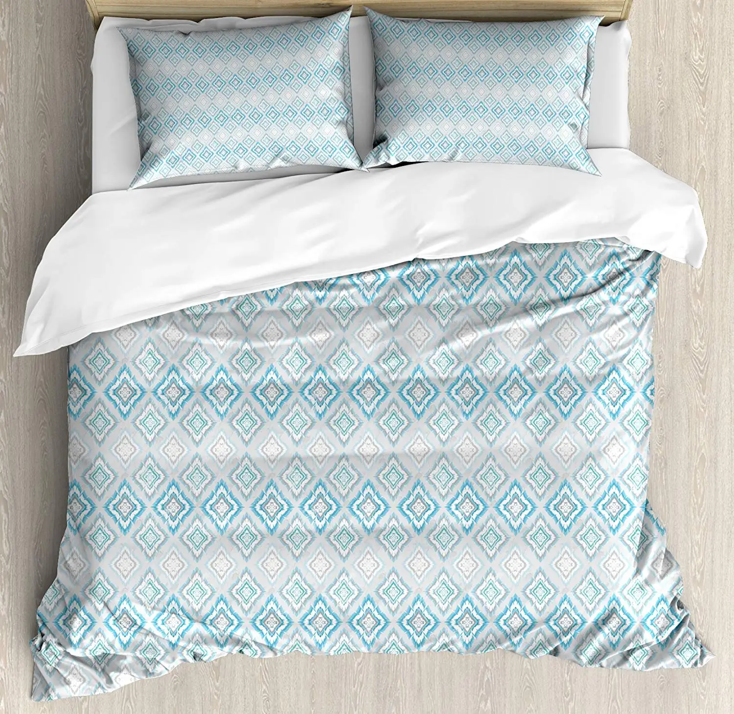 

Ikat Duvet Cover Set King Size Pale Colored Geometric Aztec Pattern Traditional Peruvian Culture Elements 4 Piece Bedding Set