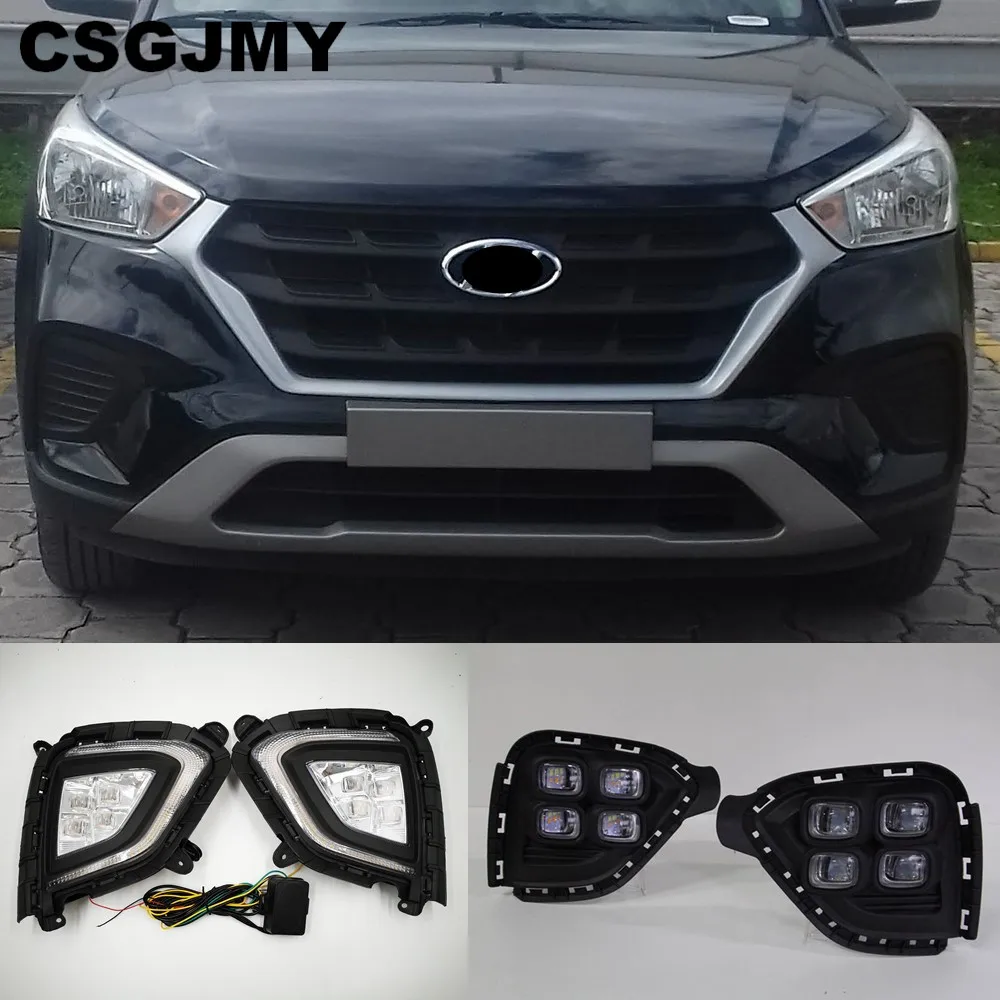 

CSGJMY 2PCS LED DRL For Hyundai Creta IX25 2017 2018 LED Daytime Running Light fog lamp DRL with yellow turning signal lamp