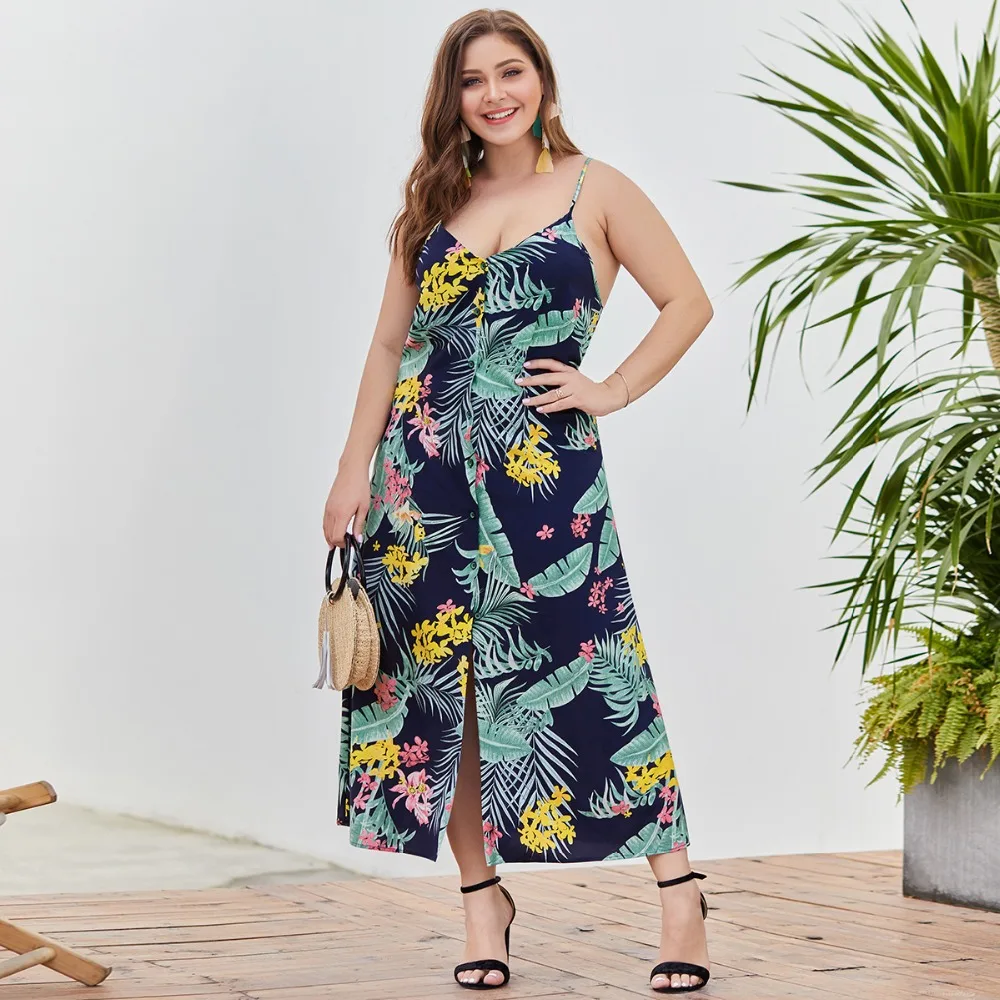

WHZHM Beach Backless Sleeveless Spaghetti Strap Plus Size 3XL 4XL Dress Women Vestido Summer Party Flower A-Line Dress XR049