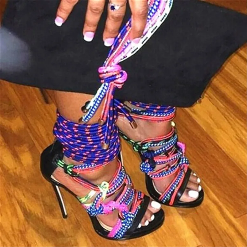 

Fashion Rope Cross-tied Gladiator Summer Sandals Mixed Colors Sexy High Heels Shoes Women Strappy Strip Sandals Mujer 2019