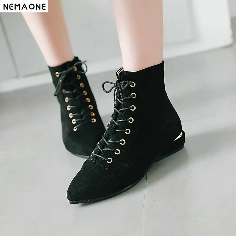 

Women Boots Shoes Woman Ankle Boots Punk 2019 Spring Autumn Shoe Lace Up gray Black Plus Size 42 43 zapatos mujer