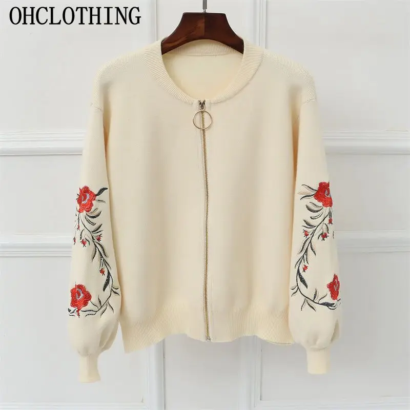 

OHCLOTHING 2017 new spring large size women embroidered sweater long sleeve zipper cardigan coat F1761