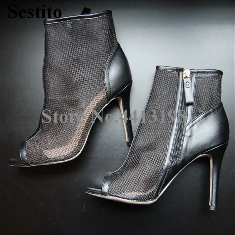 

New Fashion Women Solid Mesh Peep Toe Zip Dress Ankle Boots Summer Basic Thin Heels High Heels short Boots Woman Shoes 8 cm