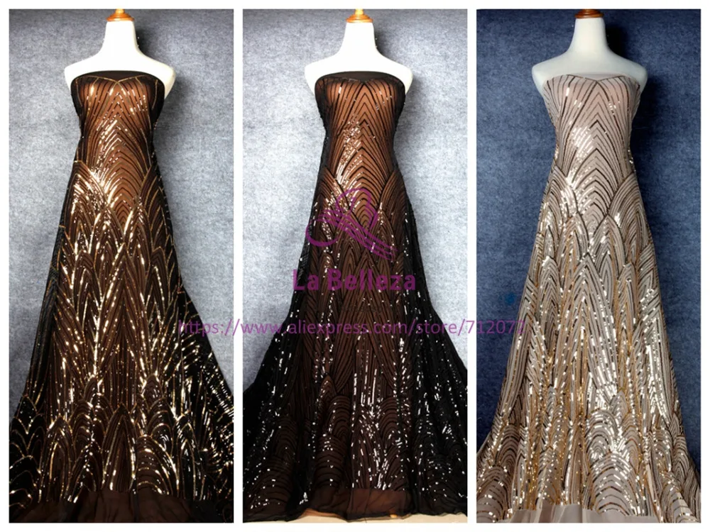 La Belleza 1 ярд золото/черный блёстки на стрейч сетка embroidred кружевной ткани для платья ткань 5" Ширина