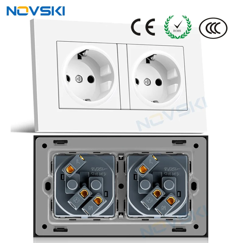 

NOVSKI EU Schuko Plug F Electrical Double Wall Socket 16A Flame Retardant PC Panel AC 110-250V Power Socket CE RoHS certified