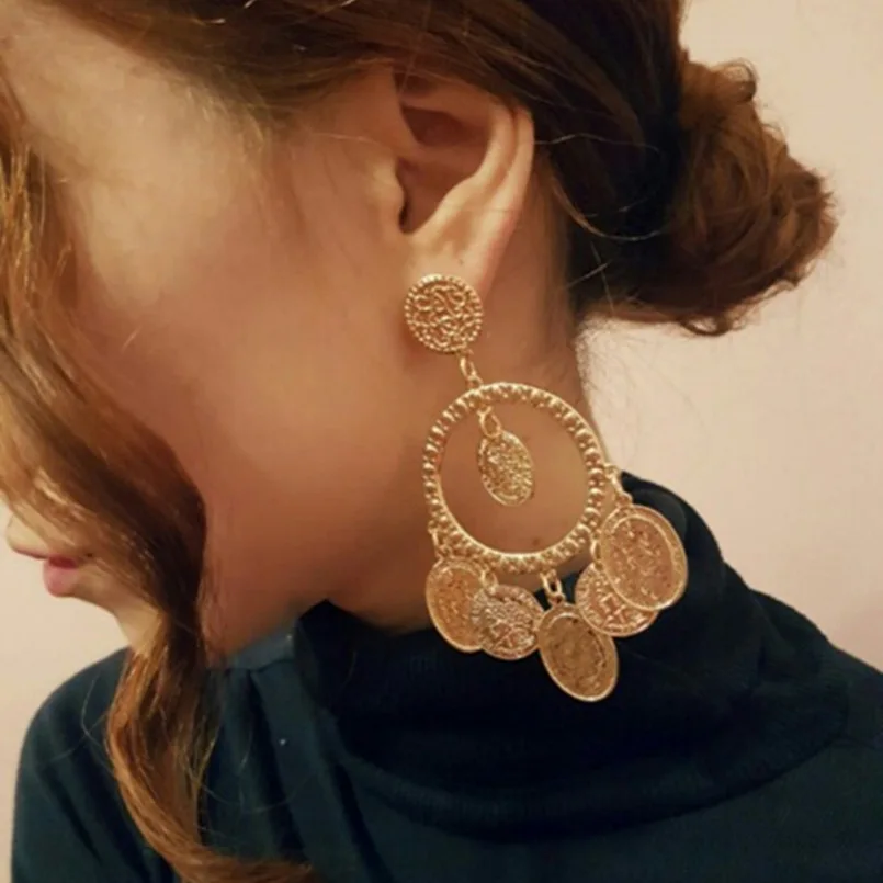 

UKMOC Fashion Big Coins Dangle Earrings For Women Boho Vintage Drop Earring Statement Jewelry Pendientes Gold Color