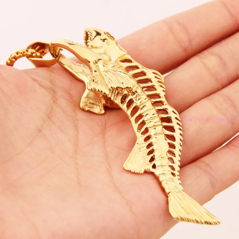 78mm*28mm Yellow Gold Big Hollow Fish Bone Stainless Steel