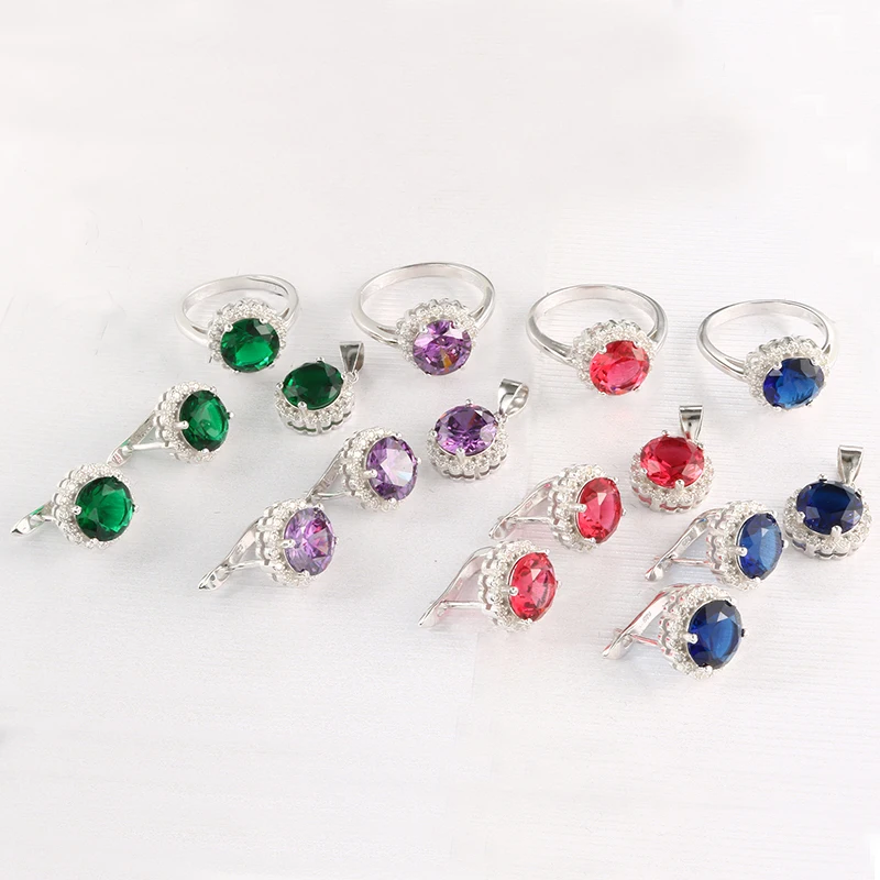 JOVO Necklace and Earrings rings Jewelry Sets for Women 925 Sterling Silver round AAA Zircon 4 color Fashion party ladies gift Fine Jewelry