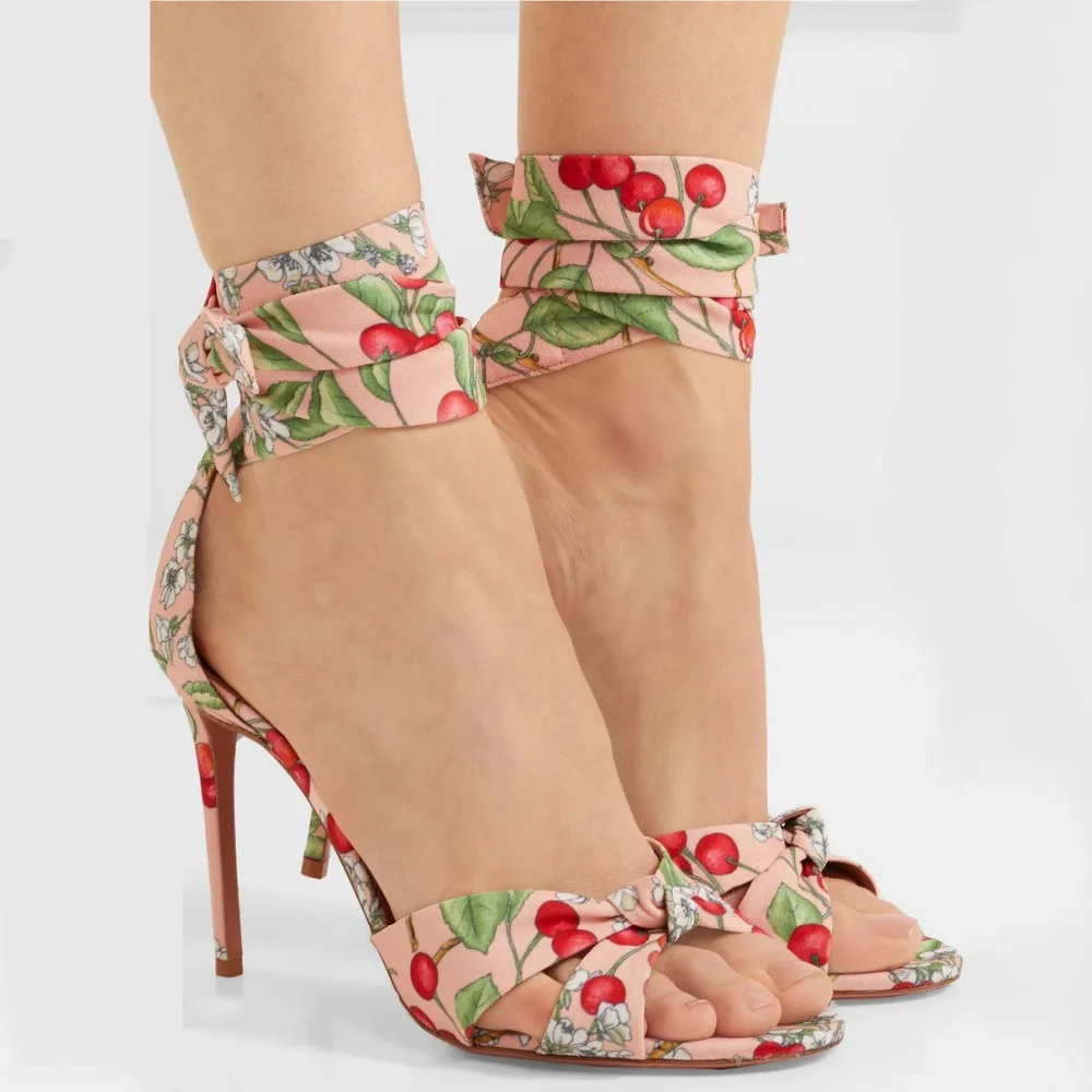 

Cherry Print Rome Sandals with High Heels Open Toe Sandalias Large Size Ankle Strap Summer Shoes Sexy Ladies Wedding Sandals