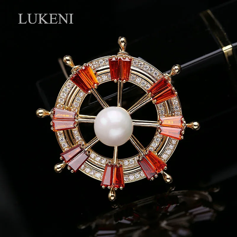 

LUKENI New Arrive Fashion Women White /Gold Color Cubic Zircon Rudder Brooch For Men and Women Sweater Coat Accessories