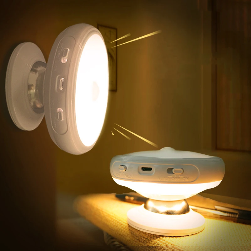

360 Degree Rotating Rechargeable LED Night Light Security Wall Lamp Motion Sensor Light For Bedroom Stair Kitchen Toilet Lights