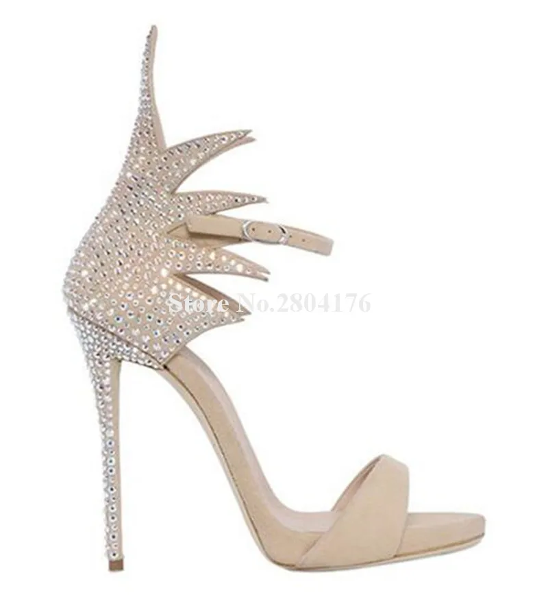 Delle Donne Di Lusso Di Bling Bling Del Rhinestone Ali Di Pelle Scamosciata Tacco Sottile Sandali Gladiatore Beige Nero Blu Di Cristallo Sandali Tacco