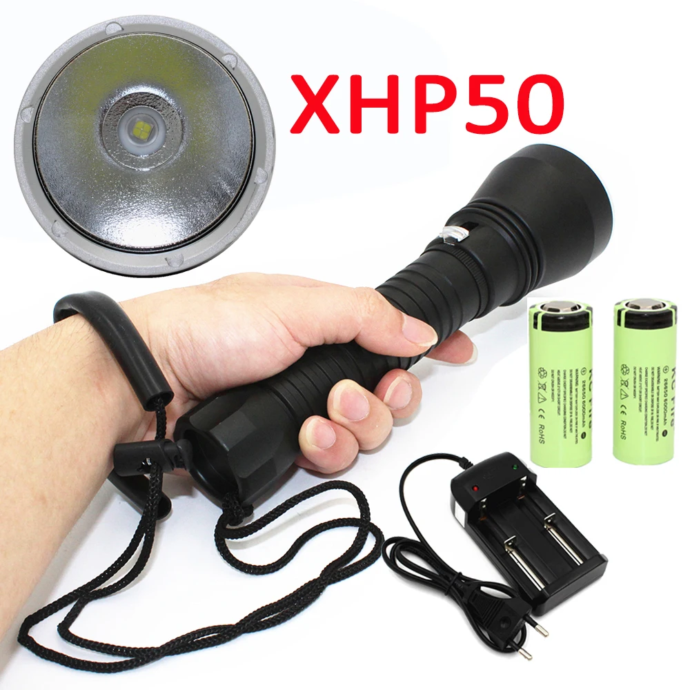 

2500LM XHP50 LED Diving Flashlight White Light Scuba Dive Torch Underwater Waterproof Lamp Lantern+ 26650 Battery + Charger
