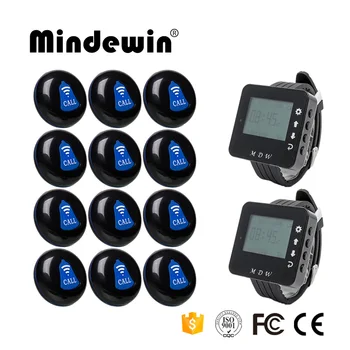 

Mindewin Restaurant Wireless Paging System 433MHz Pager 12PCS Table Call Button M-K-1 and 2PCS Wrist Watch Pager M-W-1