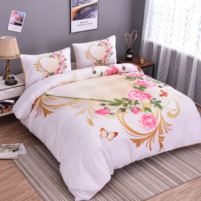 

ZEIMON 2/3PCS New Home Textiles Bedding Heart Duvet Cover Set Flowers Printed King Bedclothes Adults Polyester Bedding Set