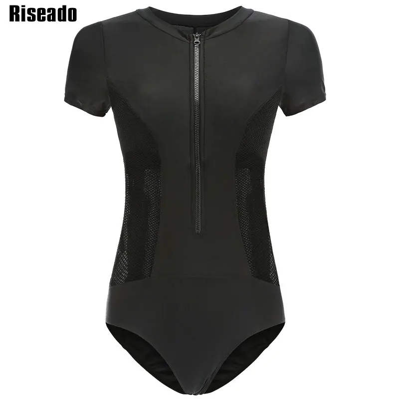 Riseado Sport One Piece Swimsuit 2019 Short Sleeve Mesh Swimwear Women Rash Guards Solid Zipper Beachwear Bathing Suits