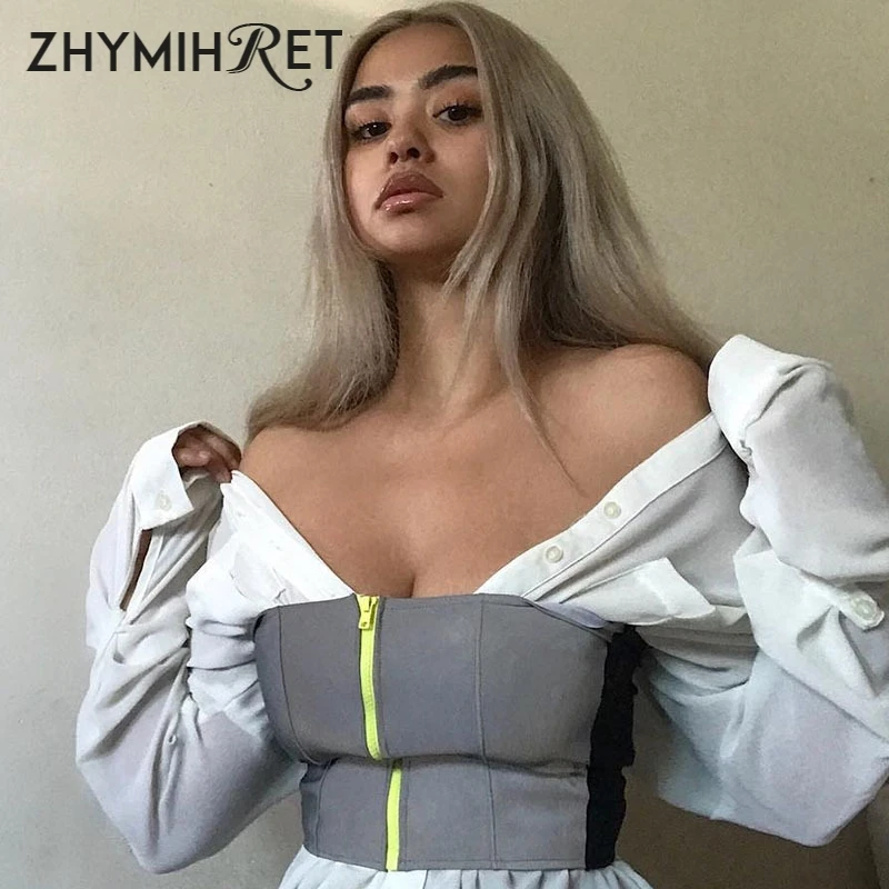 Женский светоотражающий неоновый Топ ZHYMIHRET черный/серый топ на молнии спереди