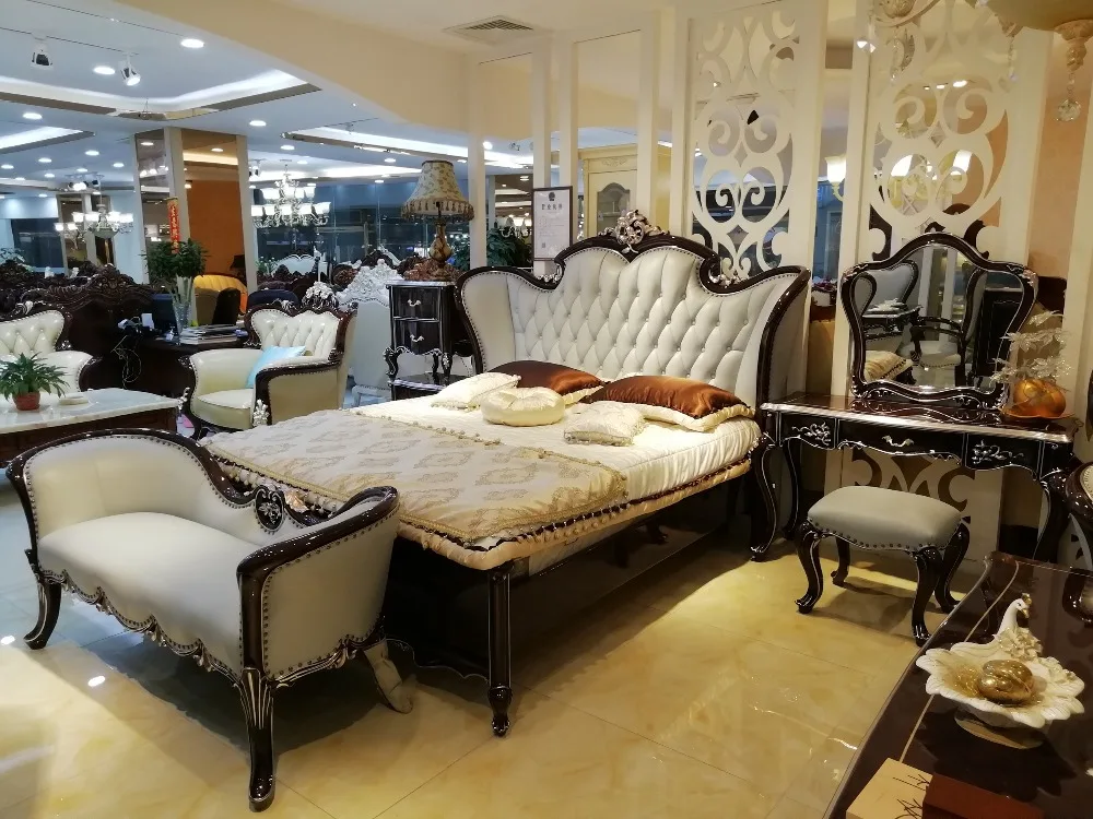 High Quality Modern Luxury Wooden Beds Furniture Sets Design, French Carving Leather Bed King Size bed